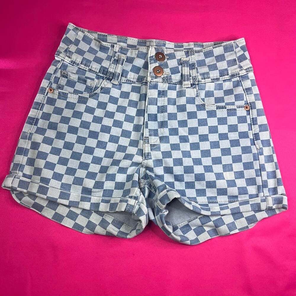 No Boundaries Blue Checkered Denim Shorts Size 7
